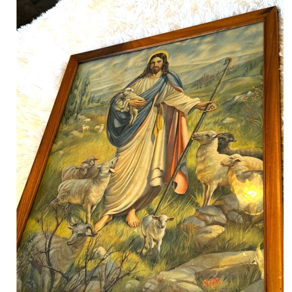 Vintage Jesus print; Jesus with lambs gorgeous
